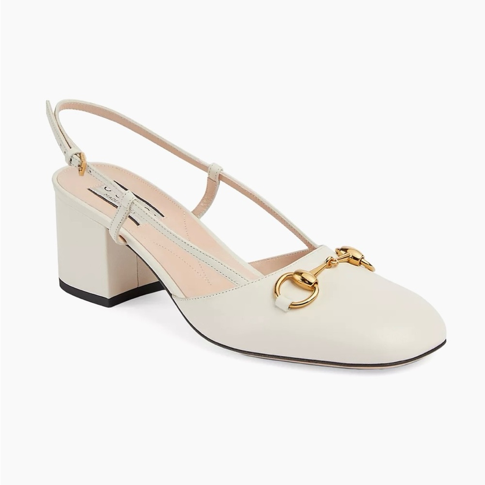 Gucci Cream and Gold Slingback Heels with Horsebit Detail